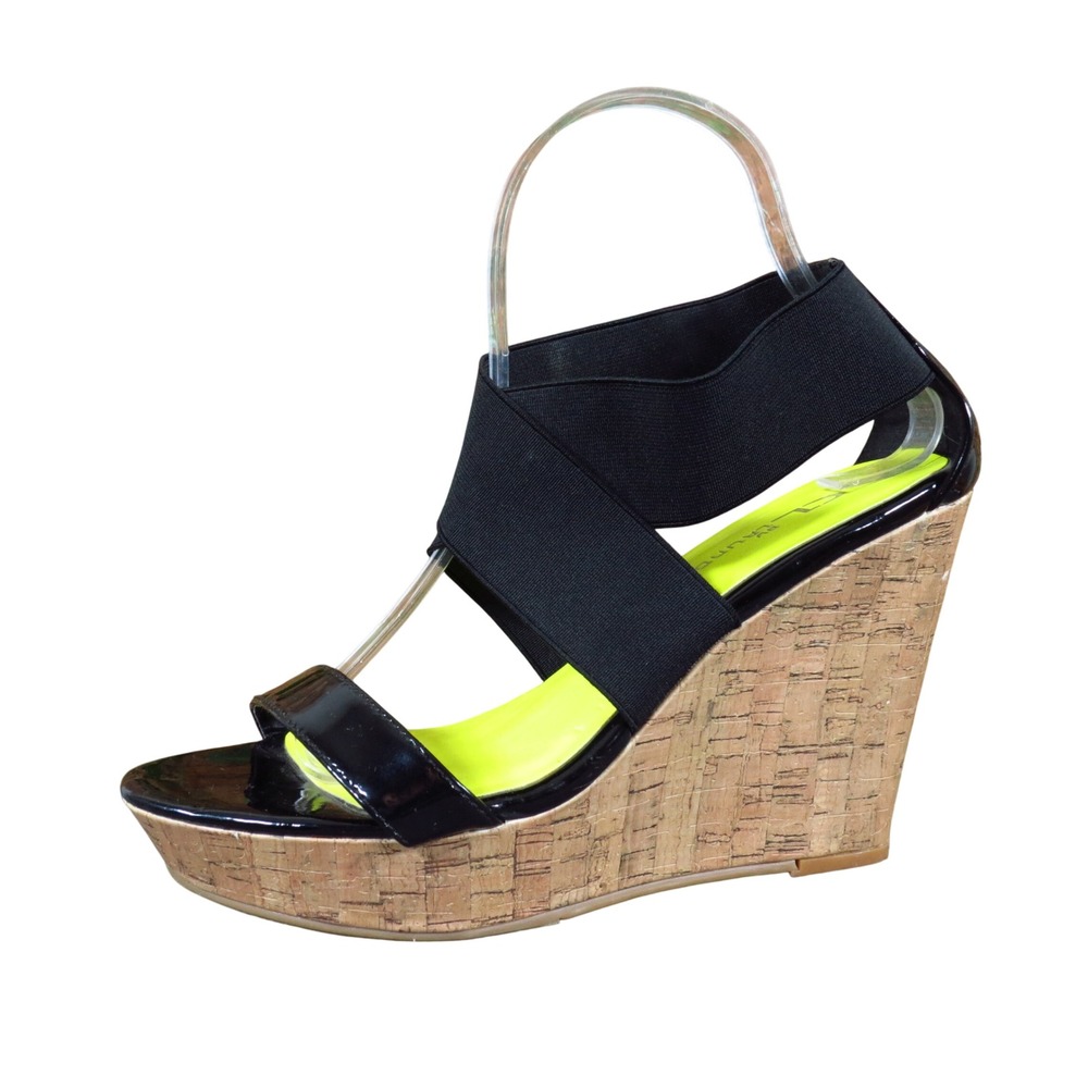 CL by Chinese Laundry Idelle Womens Wedge Sandal 8.5 Summer Black Cork Neon